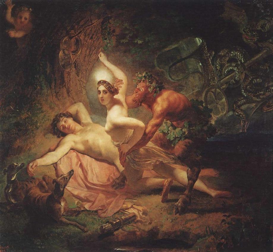 Diana, Endymion and the Satyr by Karl Bryullov (1849). It is widely believed that this was the painting that inspired Petipa to choreograph the Pas de Diane