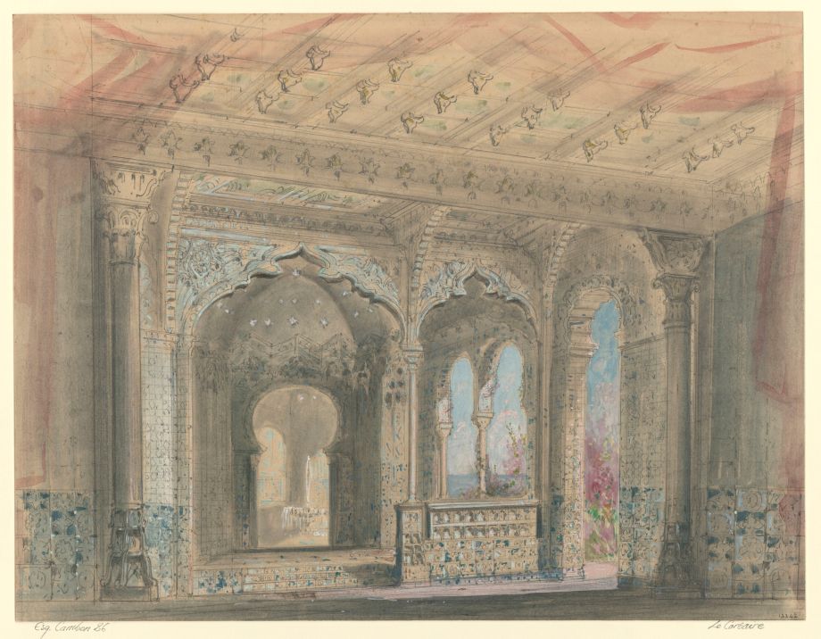Set design by Charles-Antoine Cambon for Act 3, Scene 1 - the Pasha's Palace - for Mazilier's Le Corsaire (1856)