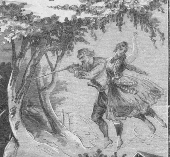 Fig. 2 - Ianko protects Roxana from the mob, lithograph by Domentovsky (1878)